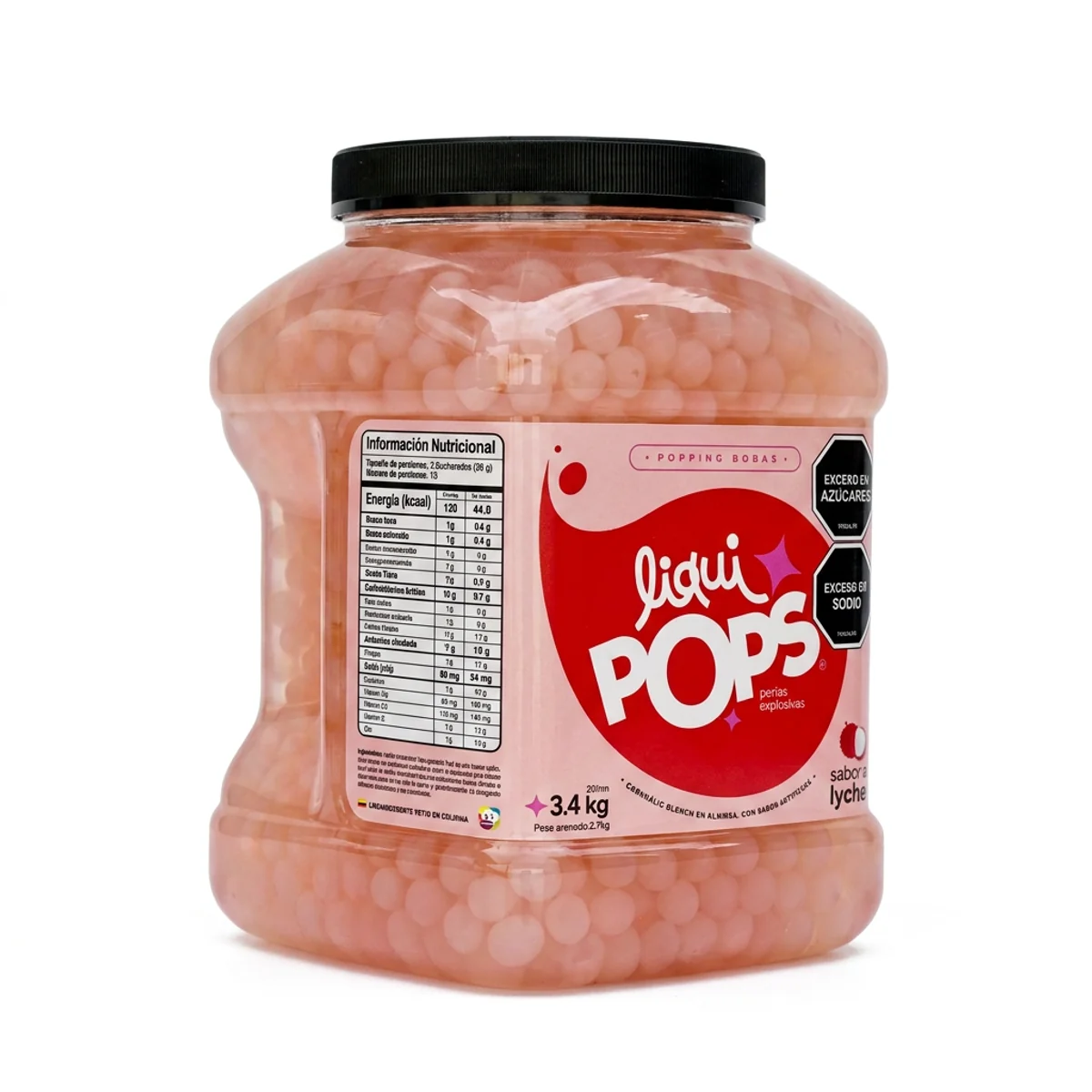 Tarro LiquiPops Lyche 3400g — perlas explosivas en almíbar, fondo blanco